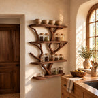Driftwood Tree Spice Rack Wall Shelf, 4-Tier Live Edge Solid Wood Kitchen Pantry Display