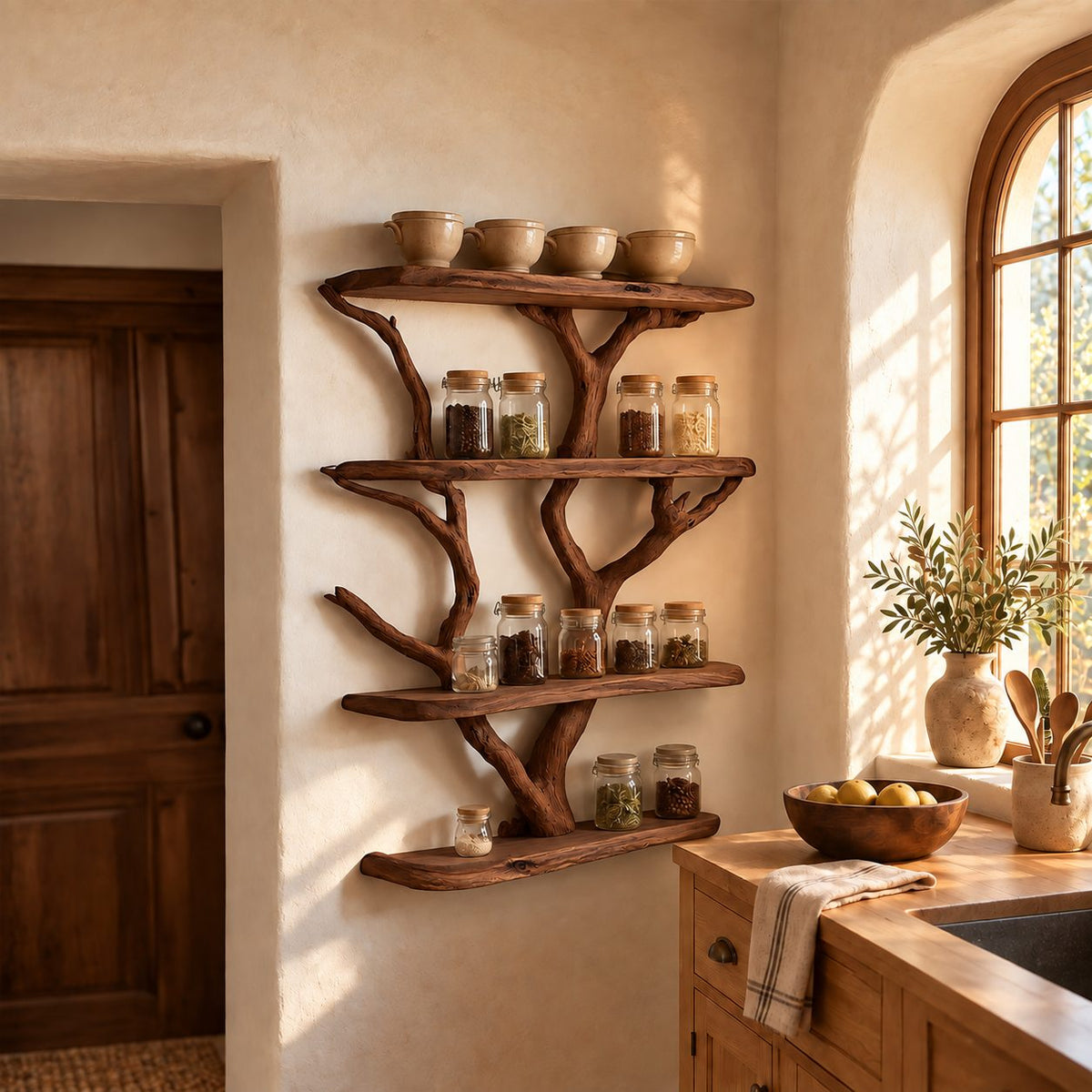 Driftwood Tree Spice Rack Wall Shelf, 4-Tier Live Edge Solid Wood Kitchen Pantry Display