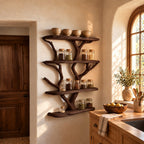 Driftwood Tree Spice Rack Wall Shelf, 4-Tier Live Edge Solid Wood Kitchen Pantry Display