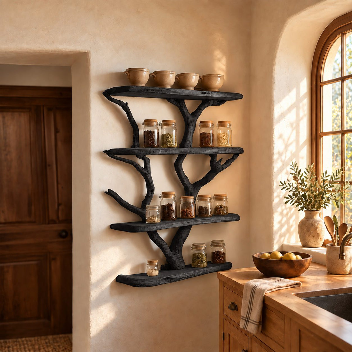 Driftwood Tree Spice Rack Wall Shelf, 4-Tier Live Edge Solid Wood Kitchen Pantry Display