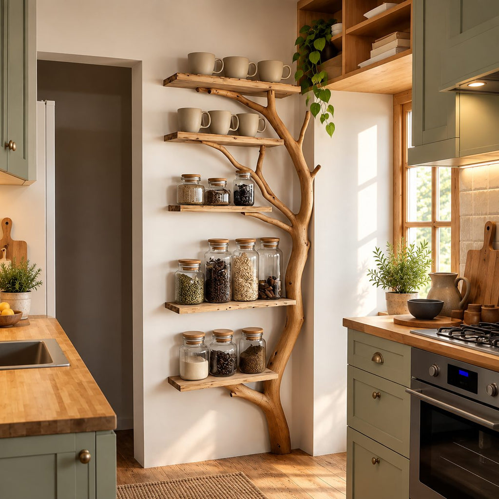 Tall Tree Trunk Spice Rack Shelf, Multi-Tier Solid Wood Kitchen Pantry Display 75 Inch High
