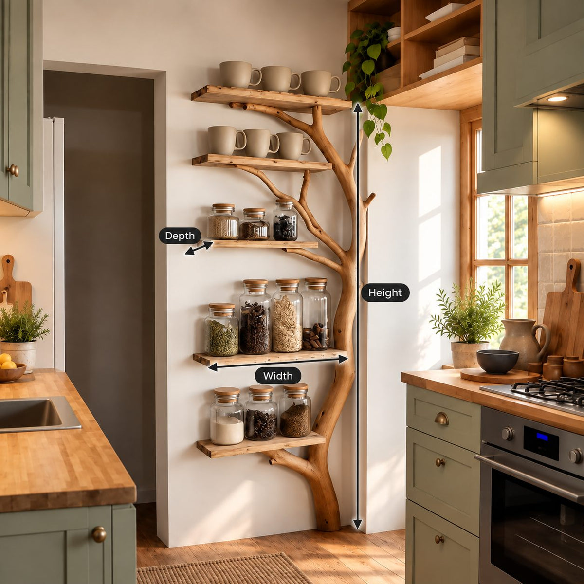 Tall Tree Trunk Spice Rack Shelf, Multi-Tier Solid Wood Kitchen Pantry Display 75 Inch High