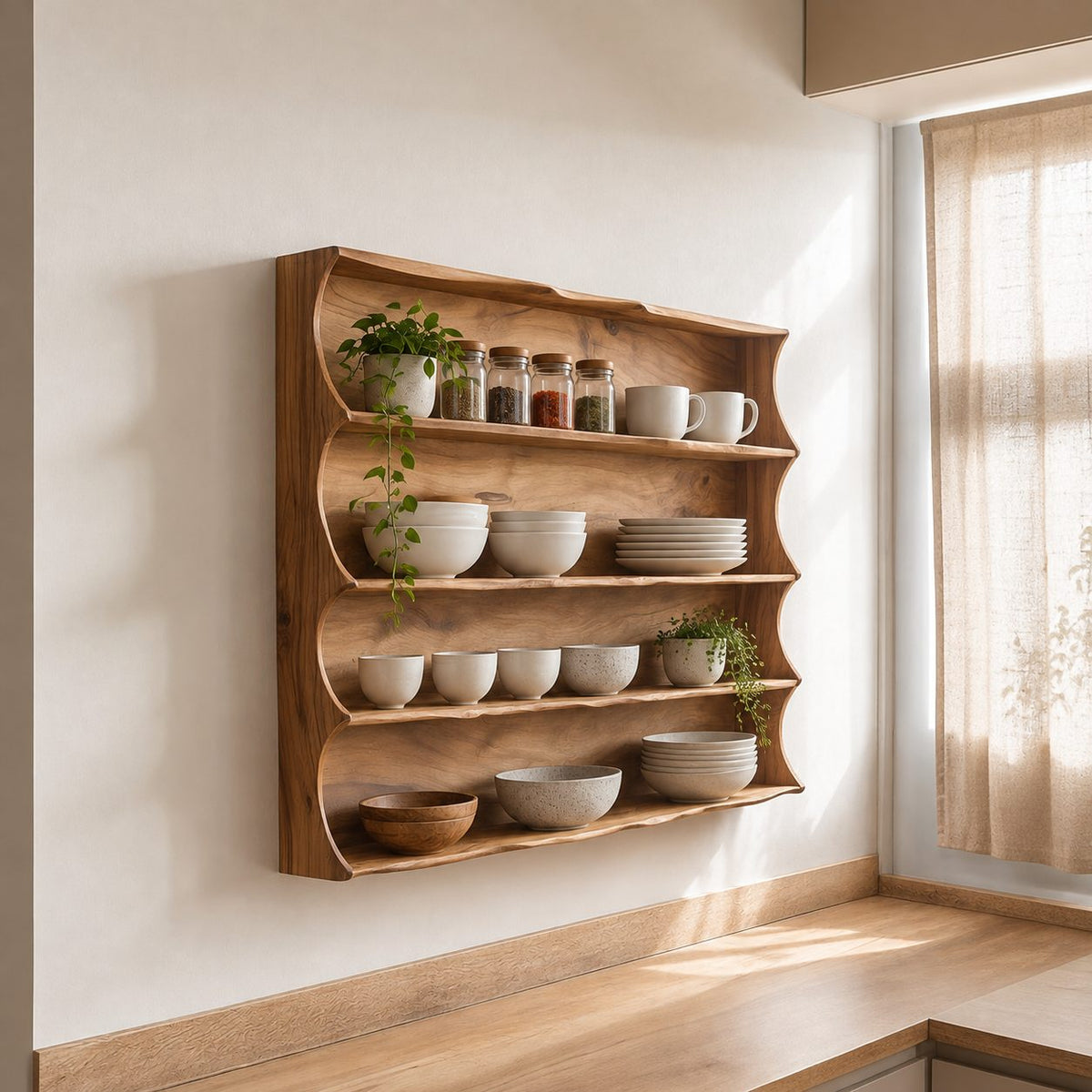 Scalloped Side Spice Rack Wall Shelf, 4-Tier Solid Wood Kitchen Display with Grain Back Panel