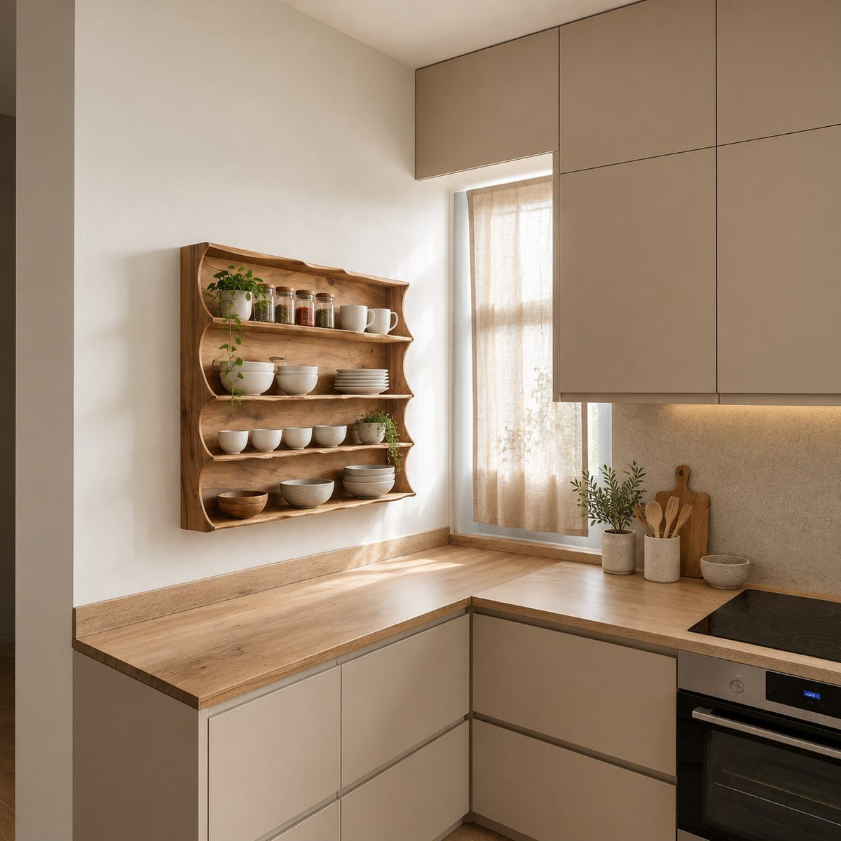 Scalloped Side Spice Rack Wall Shelf, 4-Tier Solid Wood Kitchen Display with Grain Back Panel
