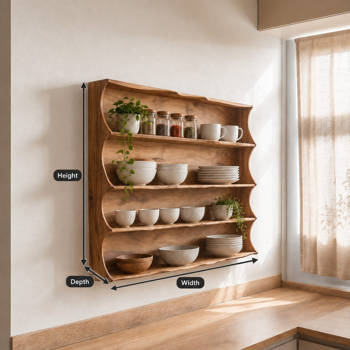 Scalloped Side Spice Rack Wall Shelf, 4-Tier Solid Wood Kitchen Display with Grain Back Panel