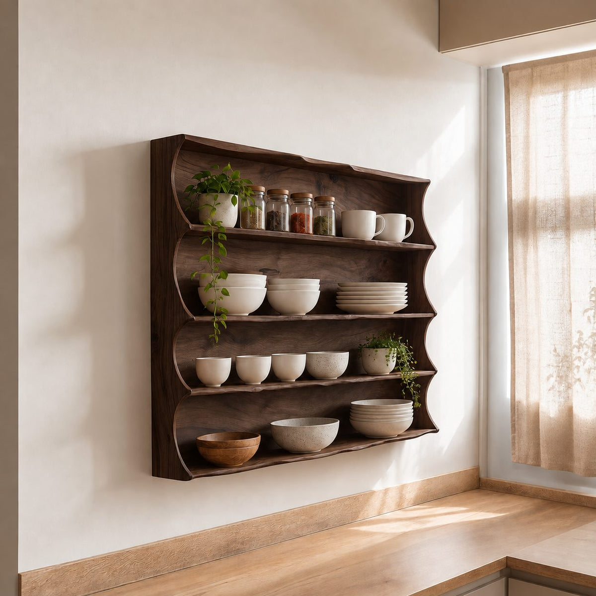 Scalloped Side Spice Rack Wall Shelf, 4-Tier Solid Wood Kitchen Display with Grain Back Panel