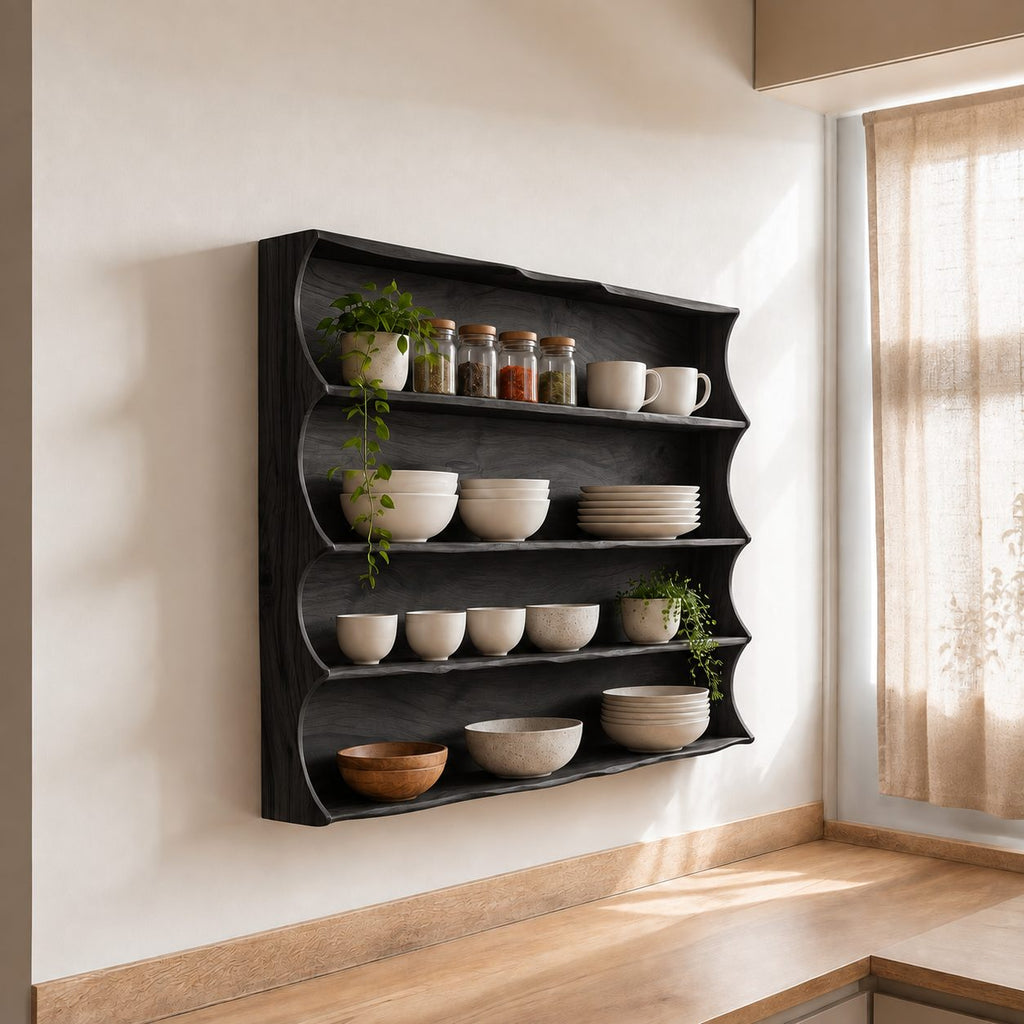 Scalloped Side Spice Rack Wall Shelf, 4-Tier Solid Wood Kitchen Display with Grain Back Panel