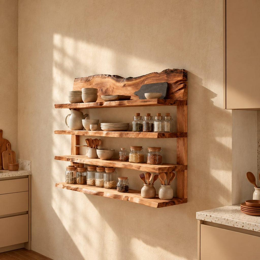 Live Edge Crown Spice Rack Wall Shelf, 4-Tier Solid Wood Kitchen Rack with Side Posts
