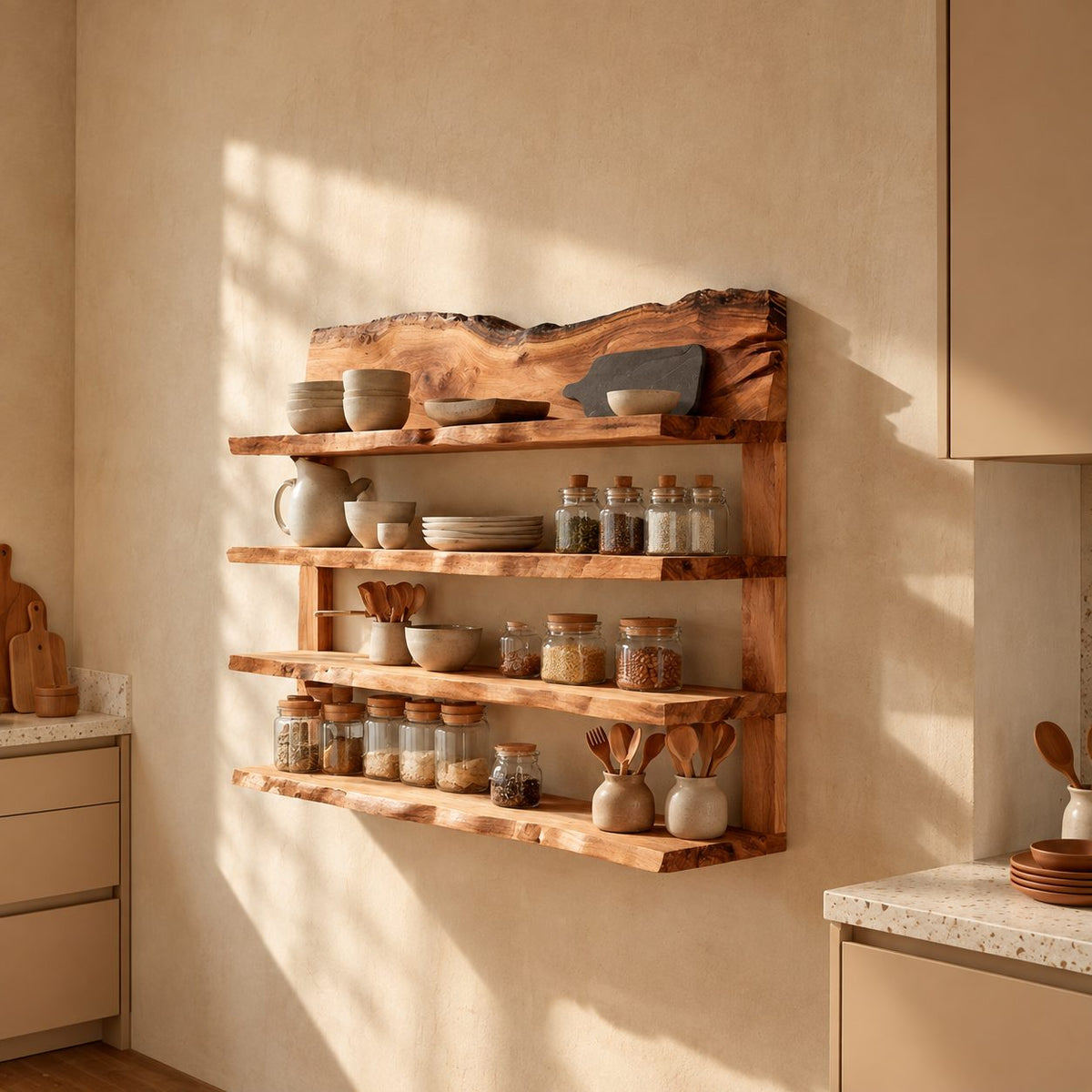 Live Edge Crown Spice Rack Wall Shelf, 4-Tier Solid Wood Kitchen Rack with Side Posts