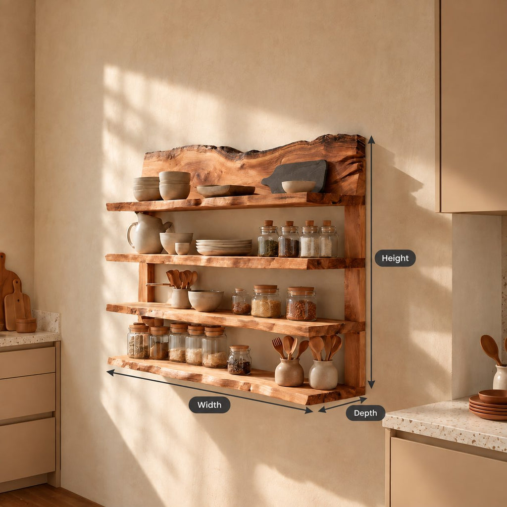 Live Edge Crown Spice Rack Wall Shelf, 4-Tier Solid Wood Kitchen Rack with Side Posts
