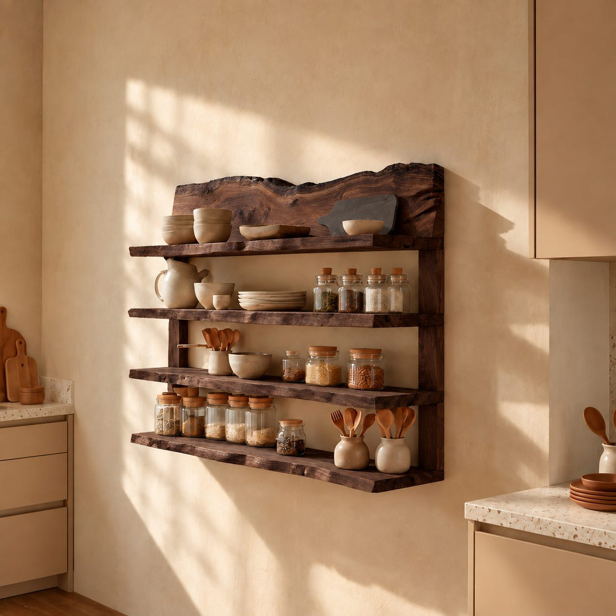 Live Edge Crown Spice Rack Wall Shelf, 4-Tier Solid Wood Kitchen Rack with Side Posts