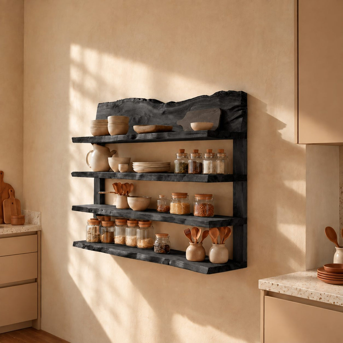 Live Edge Crown Spice Rack Wall Shelf, 4-Tier Solid Wood Kitchen Rack with Side Posts