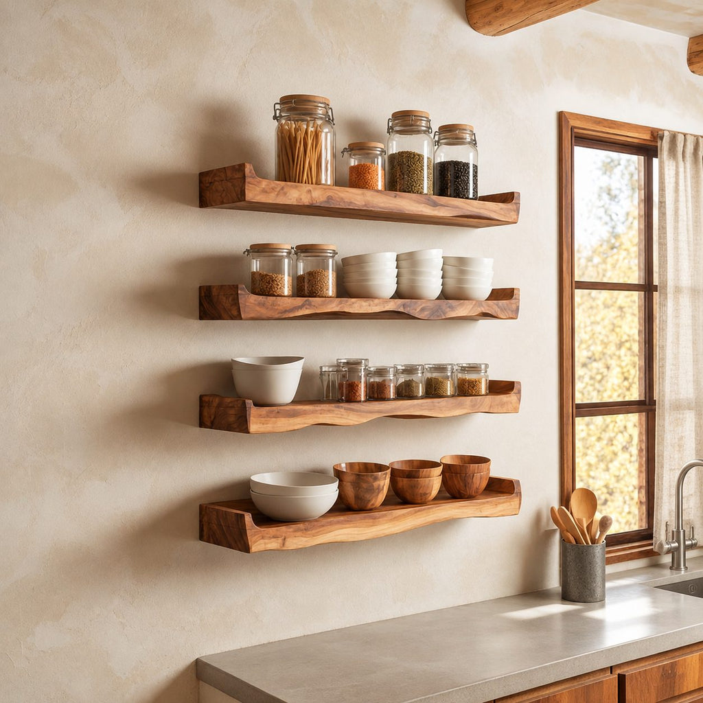 Upturned End Floating Shelf for Spices, Live Edge Solid Wood Kitchen Ledge with Raised Ends