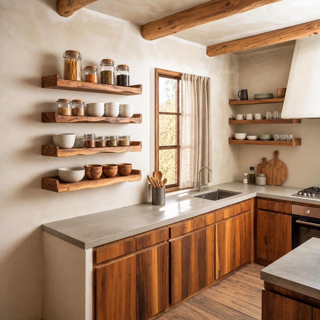 Upturned End Floating Shelf for Spices, Live Edge Solid Wood Kitchen Ledge with Raised Ends