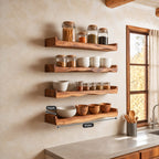 Upturned End Floating Shelf for Spices, Live Edge Solid Wood Kitchen Ledge with Raised Ends