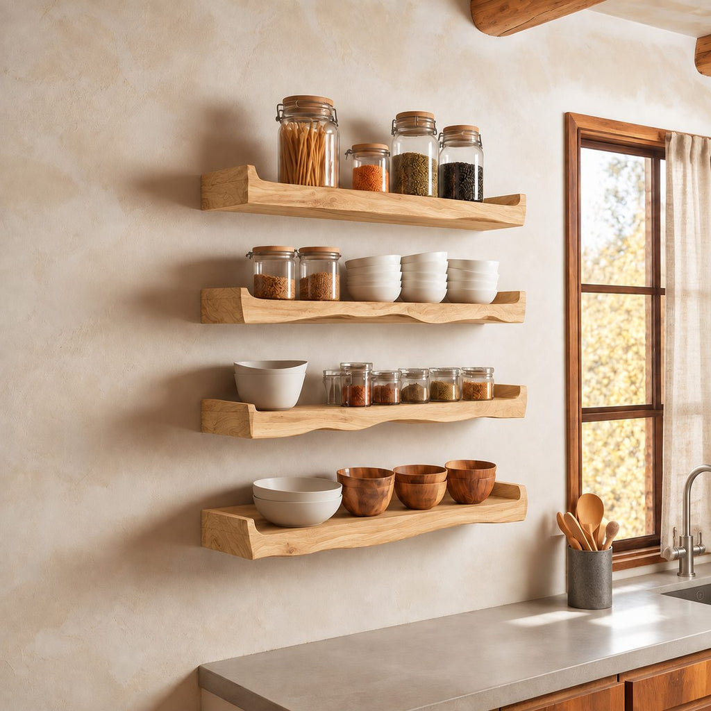 Upturned End Floating Shelf for Spices, Live Edge Solid Wood Kitchen Ledge with Raised Ends