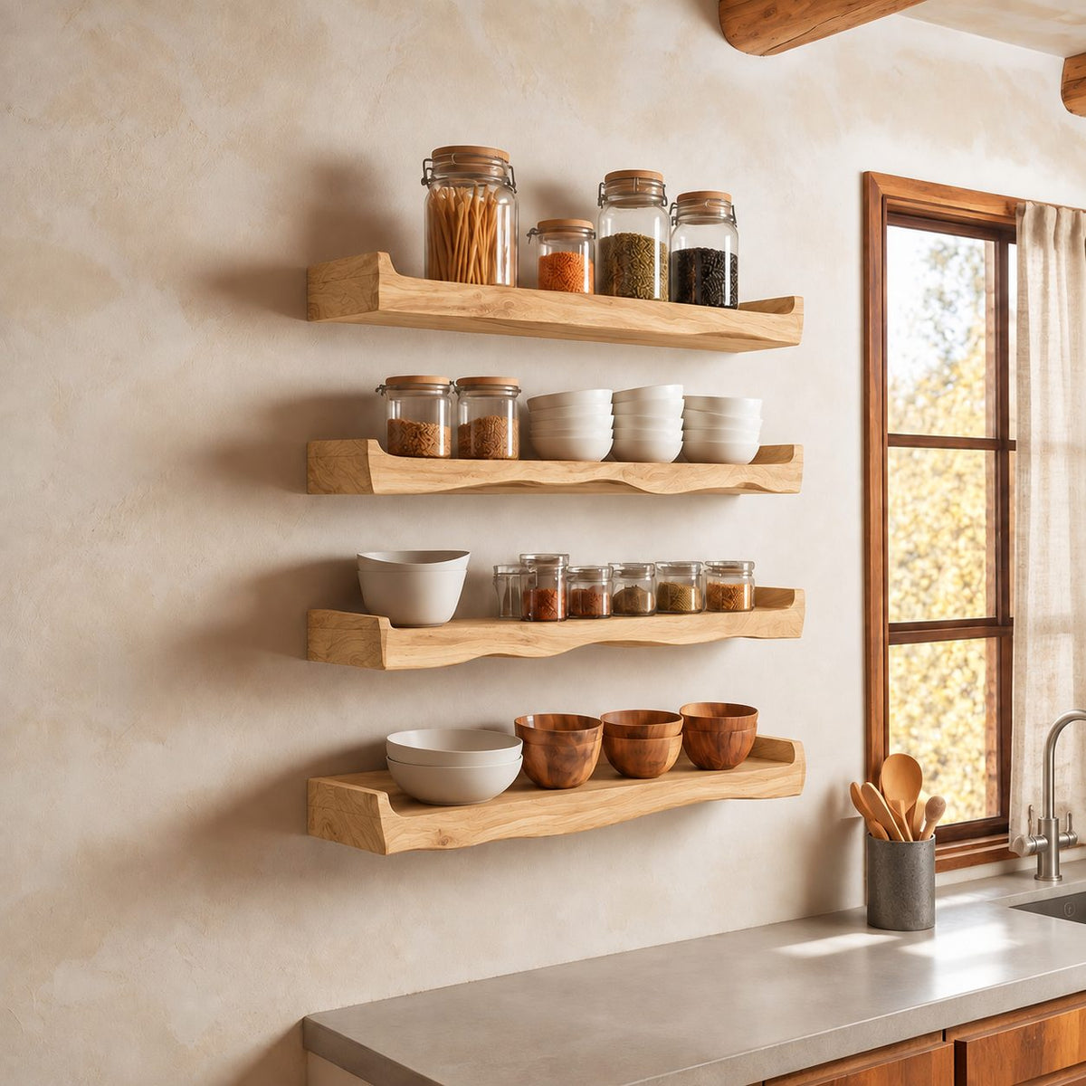 Upturned End Floating Shelf for Spices, Live Edge Solid Wood Kitchen Ledge with Raised Ends