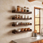 Upturned End Floating Shelf for Spices, Live Edge Solid Wood Kitchen Ledge with Raised Ends