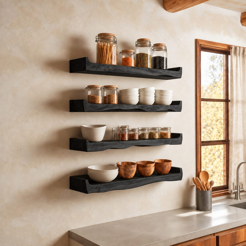 Upturned End Floating Shelf for Spices, Live Edge Solid Wood Kitchen Ledge with Raised Ends