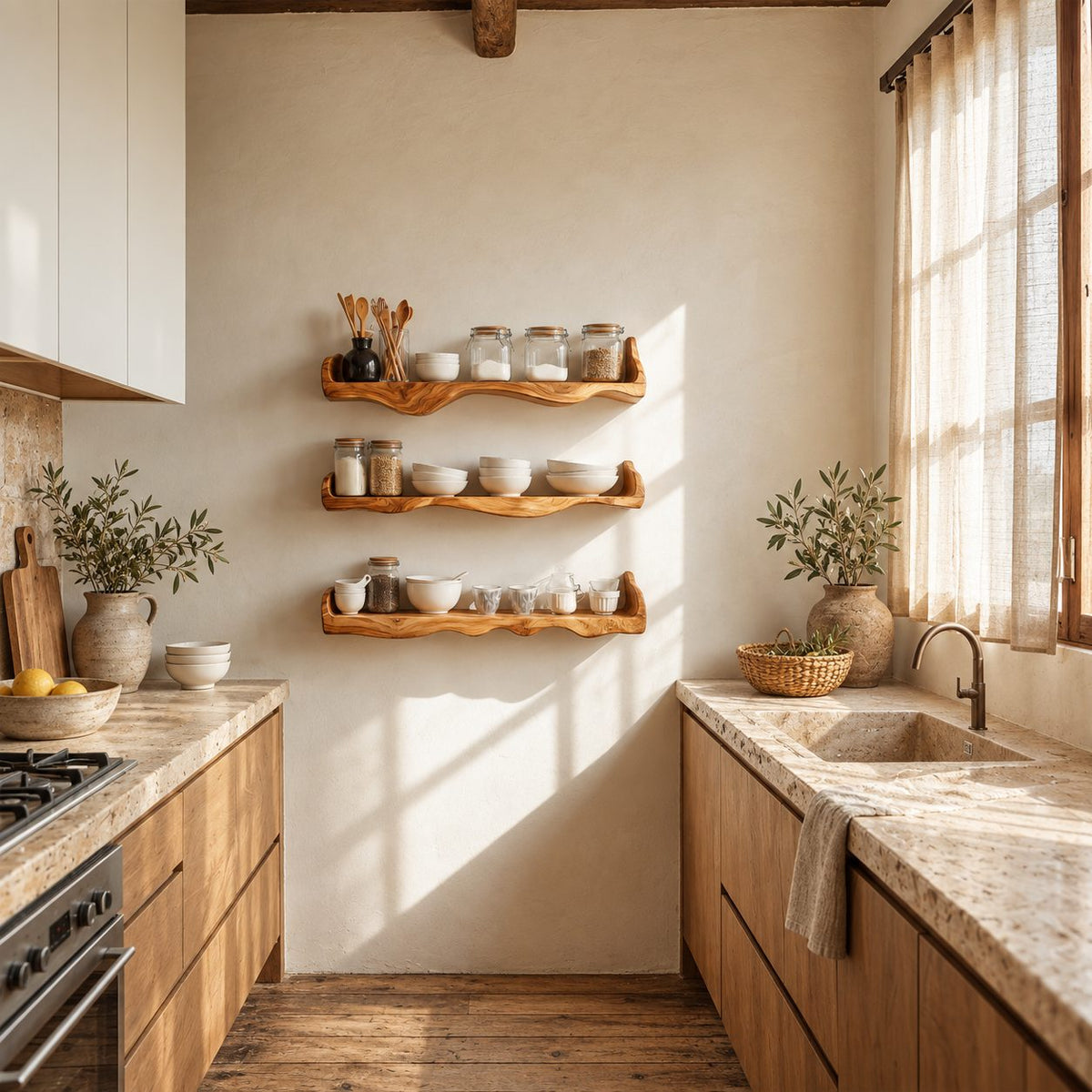 Curled End Floating Shelf for Spices, Wavy Solid Wood Kitchen Ledge with Rolled Lip Ends