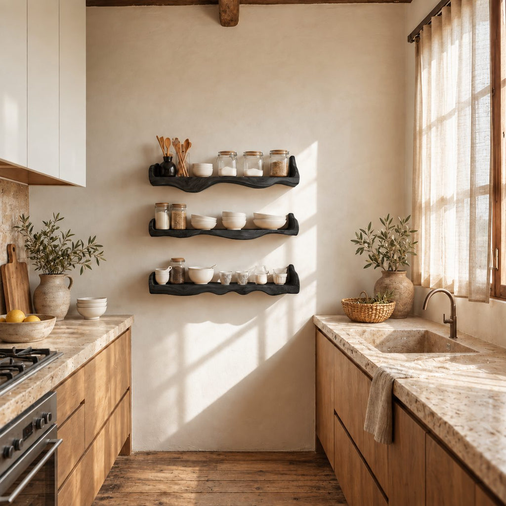 Curled End Floating Shelf for Spices, Wavy Solid Wood Kitchen Ledge with Rolled Lip Ends