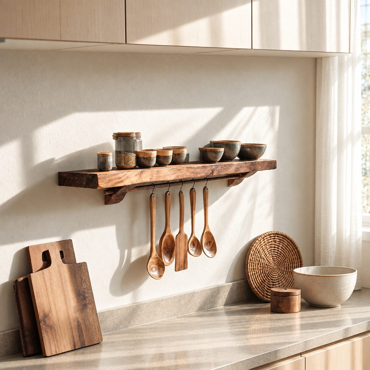 Bracketed Floating Spice Shelf with Utensil Hanging Rail, Thick Solid Wood Kitchen Ledge