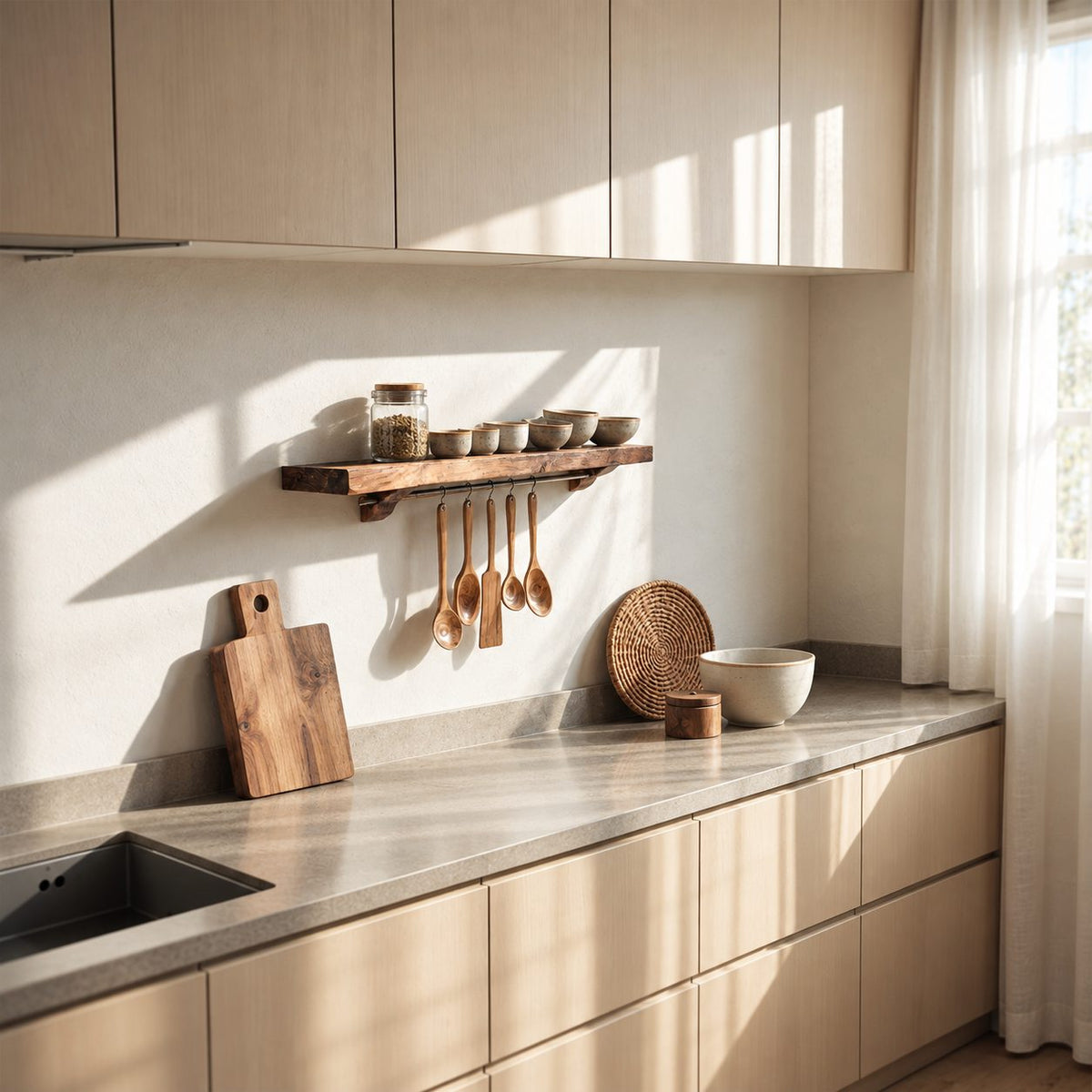 Bracketed Floating Spice Shelf with Utensil Hanging Rail, Thick Solid Wood Kitchen Ledge