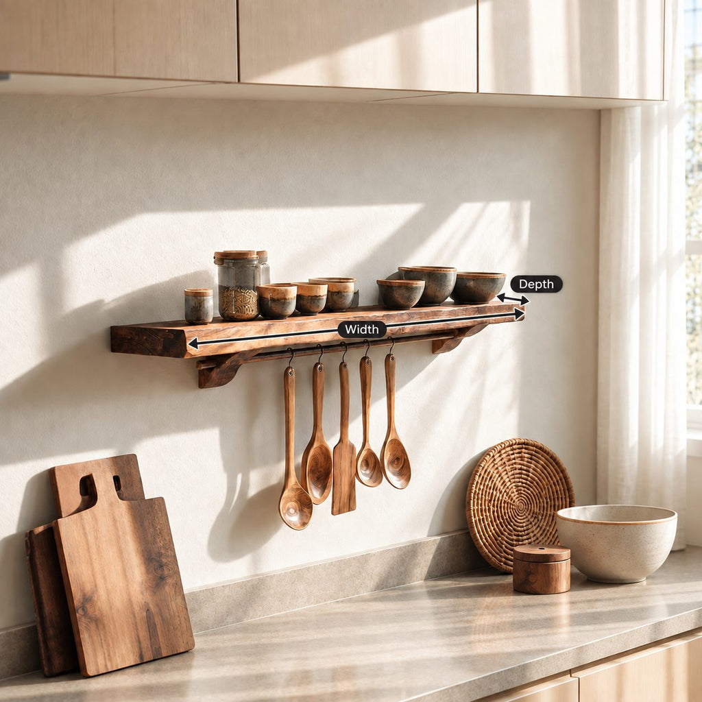 Bracketed Floating Spice Shelf with Utensil Hanging Rail, Thick Solid Wood Kitchen Ledge