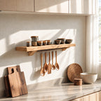 Bracketed Floating Spice Shelf with Utensil Hanging Rail, Thick Solid Wood Kitchen Ledge