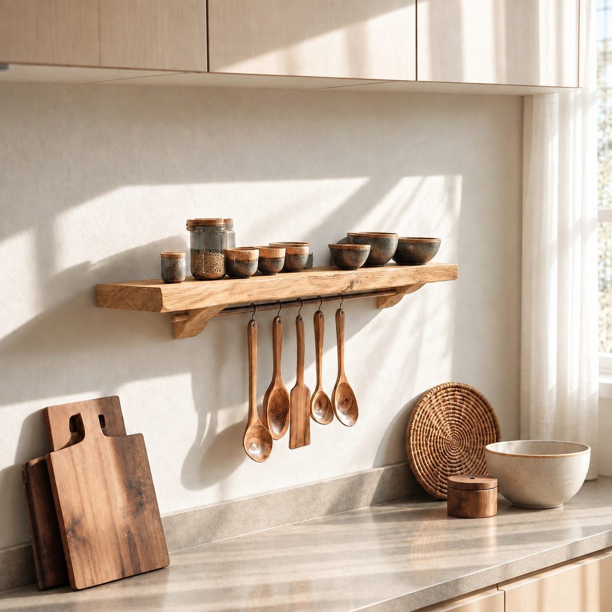 Bracketed Floating Spice Shelf with Utensil Hanging Rail, Thick Solid Wood Kitchen Ledge