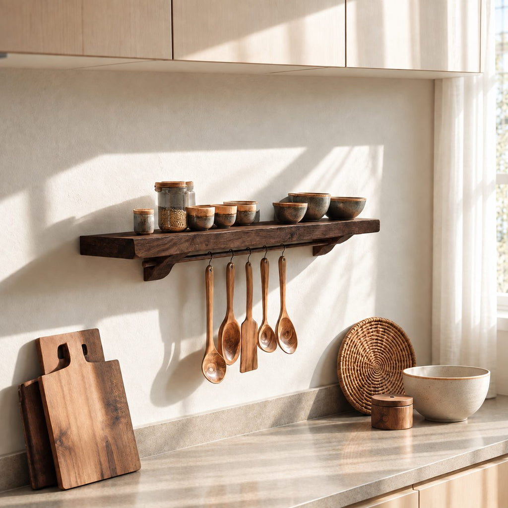 Bracketed Floating Spice Shelf with Utensil Hanging Rail, Thick Solid Wood Kitchen Ledge