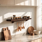 Bracketed Floating Spice Shelf with Utensil Hanging Rail, Thick Solid Wood Kitchen Ledge