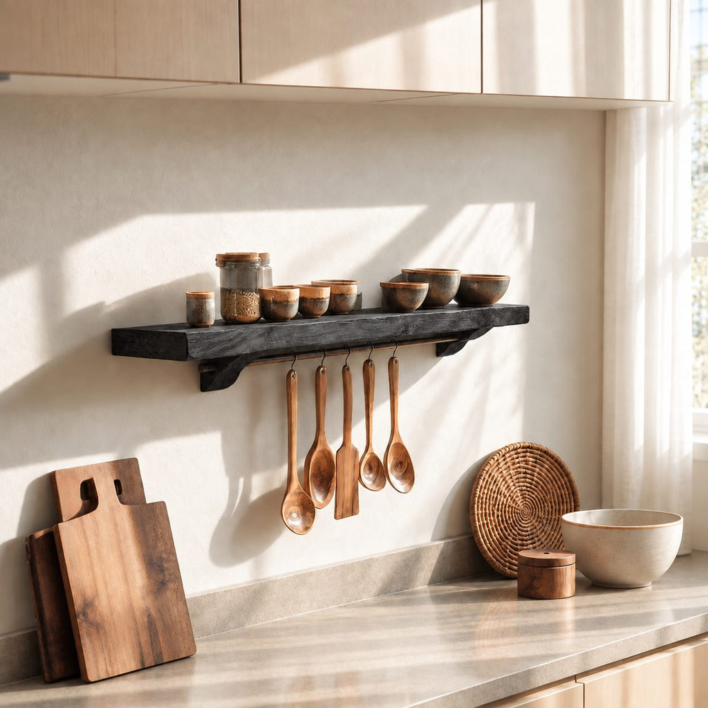Bracketed Floating Spice Shelf with Utensil Hanging Rail, Thick Solid Wood Kitchen Ledge