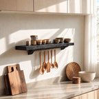 Bracketed Floating Spice Shelf with Utensil Hanging Rail, Thick Solid Wood Kitchen Ledge