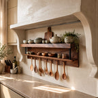 Two-Level Hanging Kitchen Shelf with Utensil Pegs and Metal Straps, Solid Wood Spice Rack