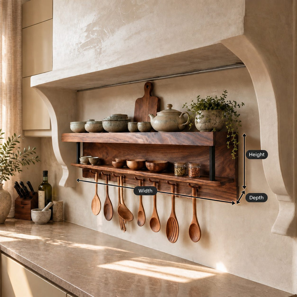 Two-Level Hanging Kitchen Shelf with Utensil Pegs and Metal Straps, Solid Wood Spice Rack