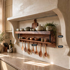 Two-Level Hanging Kitchen Shelf with Utensil Pegs and Metal Straps, Solid Wood Spice Rack
