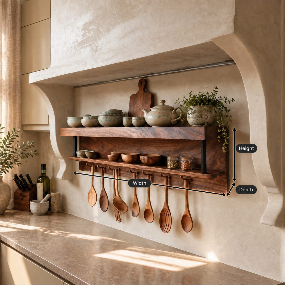 Two-Level Hanging Kitchen Shelf with Utensil Pegs and Metal Straps, Solid Wood Spice Rack