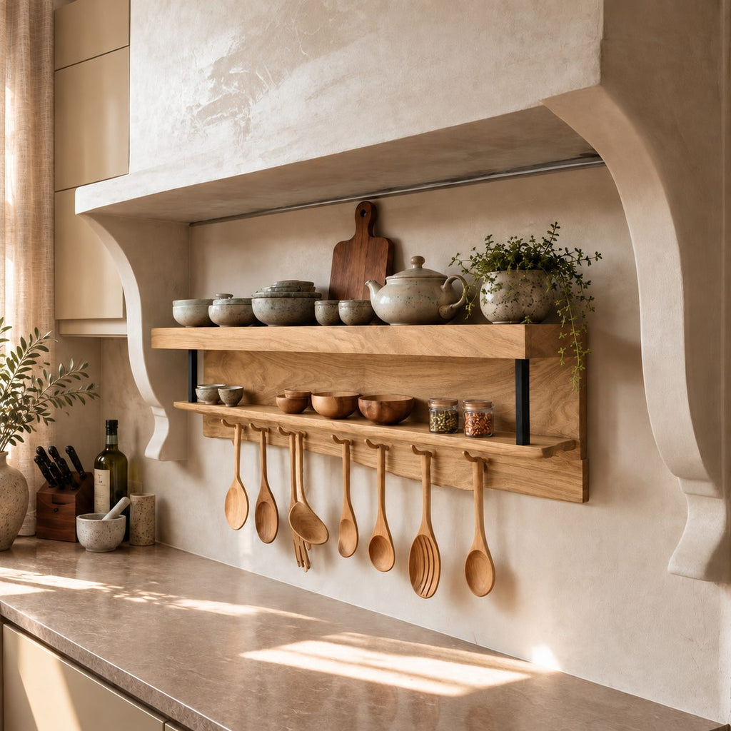 Two-Level Hanging Kitchen Shelf with Utensil Pegs and Metal Straps, Solid Wood Spice Rack