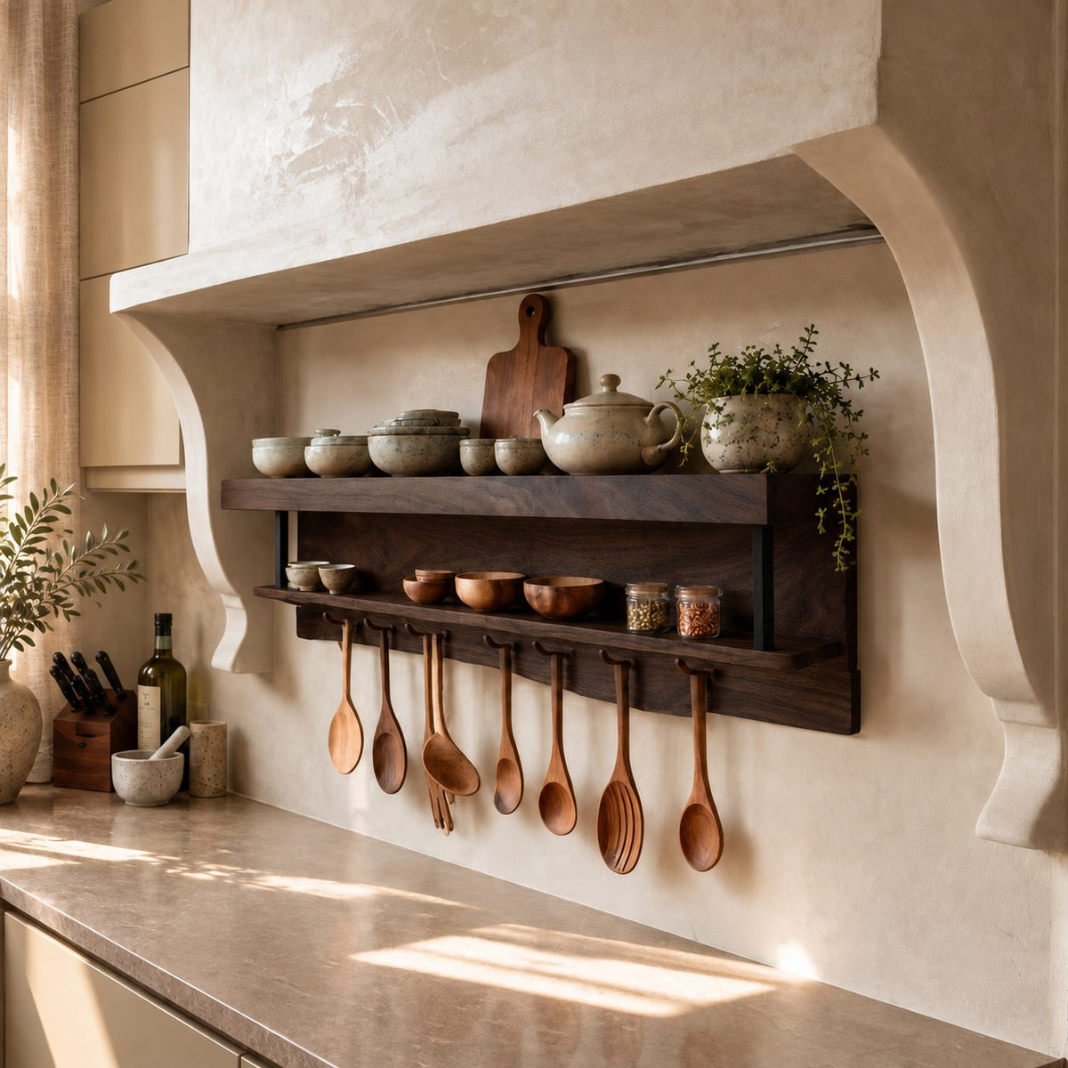 Two-Level Hanging Kitchen Shelf with Utensil Pegs and Metal Straps, Solid Wood Spice Rack