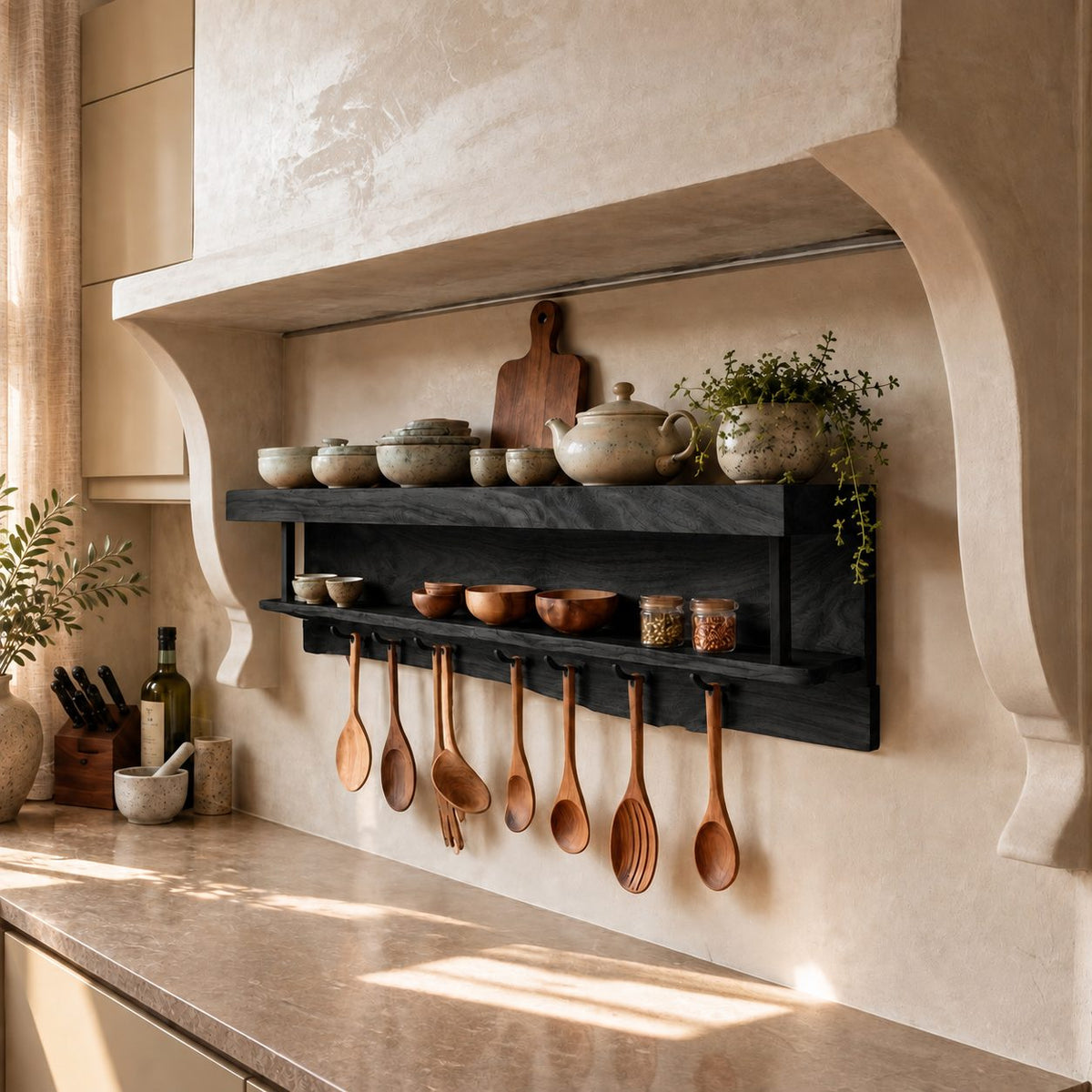 Two-Level Hanging Kitchen Shelf with Utensil Pegs and Metal Straps, Solid Wood Spice Rack
