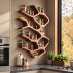 Flowing Branch Cell Spice Rack Wall Shelf, Sculpted Solid Wood Kitchen Organizer for Jars