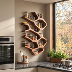 Flowing Branch Cell Spice Rack Wall Shelf, Sculpted Solid Wood Kitchen Organizer for Jars