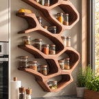 Flowing Branch Cell Spice Rack Wall Shelf, Sculpted Solid Wood Kitchen Organizer for Jars