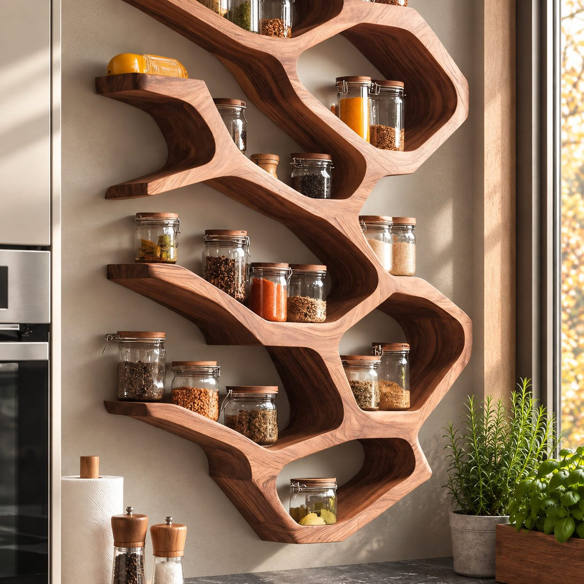 Flowing Branch Cell Spice Rack Wall Shelf, Sculpted Solid Wood Kitchen Organizer for Jars