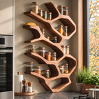Flowing Branch Cell Spice Rack Wall Shelf, Sculpted Solid Wood Kitchen Organizer for Jars