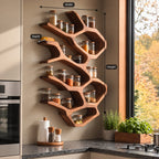 Flowing Branch Cell Spice Rack Wall Shelf, Sculpted Solid Wood Kitchen Organizer for Jars