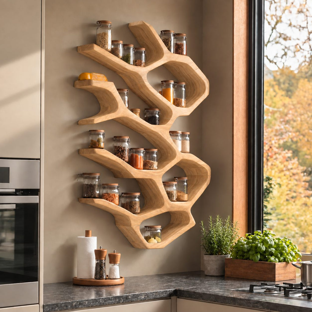 Flowing Branch Cell Spice Rack Wall Shelf, Sculpted Solid Wood Kitchen Organizer for Jars