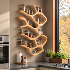 Flowing Branch Cell Spice Rack Wall Shelf, Sculpted Solid Wood Kitchen Organizer for Jars