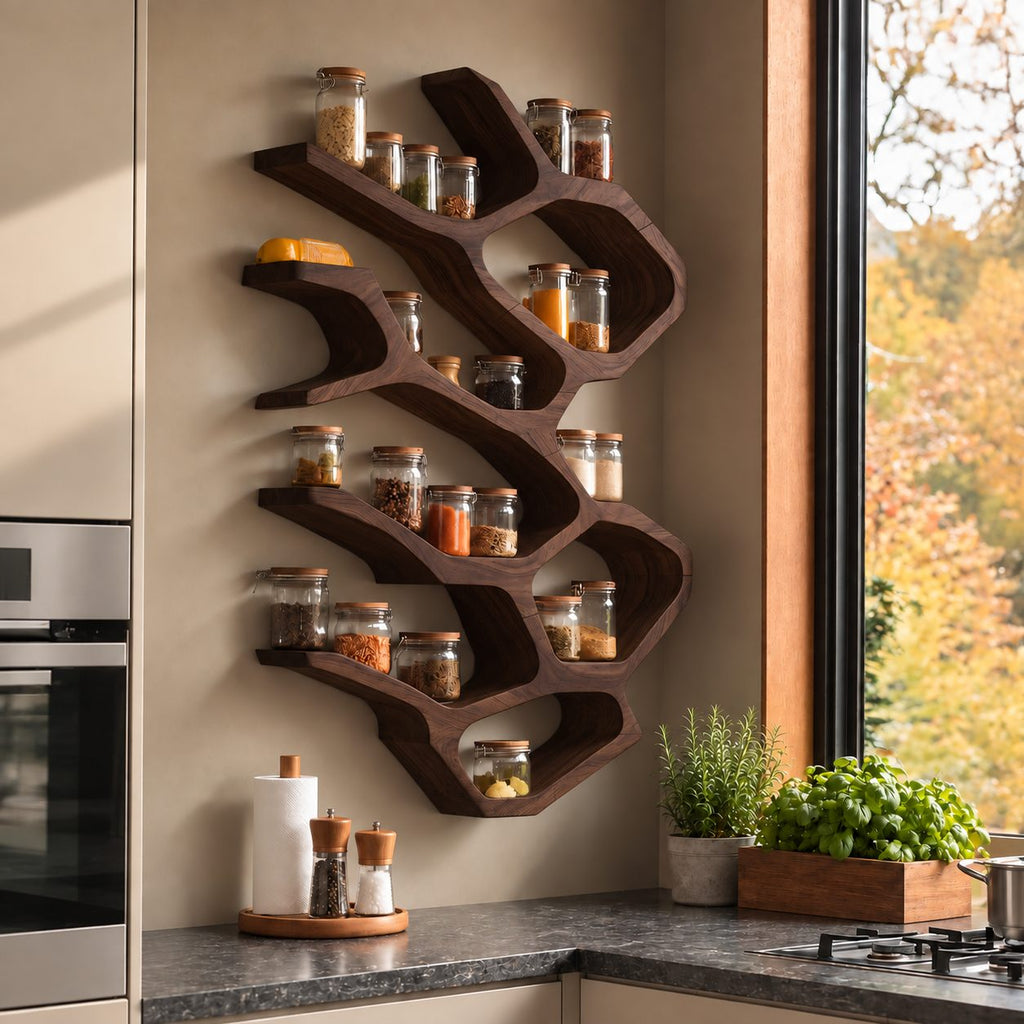 Flowing Branch Cell Spice Rack Wall Shelf, Sculpted Solid Wood Kitchen Organizer for Jars